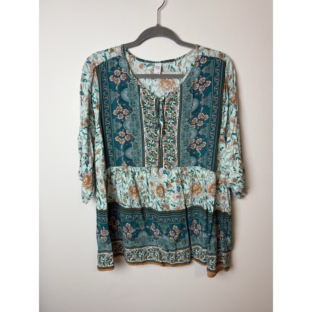 Brown‎ Coco Bohemian Blue Print Top 3/4 Sleeve 2XL US